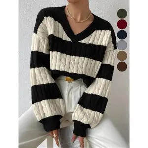 Women's Cable Knit Color Block Striped V Neck Sweater, Casual Long Sleeve Drop Shoulder Jumper Pullover Tops for Autumn & Winter, Korean Style Clothes, Womenswear