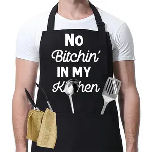 No Bitch in My Kitchen Pattern Apron, 1 Count Cool Kitchen Apron with Adjustable Neck Strap & 3 Pockets, Summer Unisex Polyester Apron, Pocketed Aprons, Kitchen Cooking Aprons