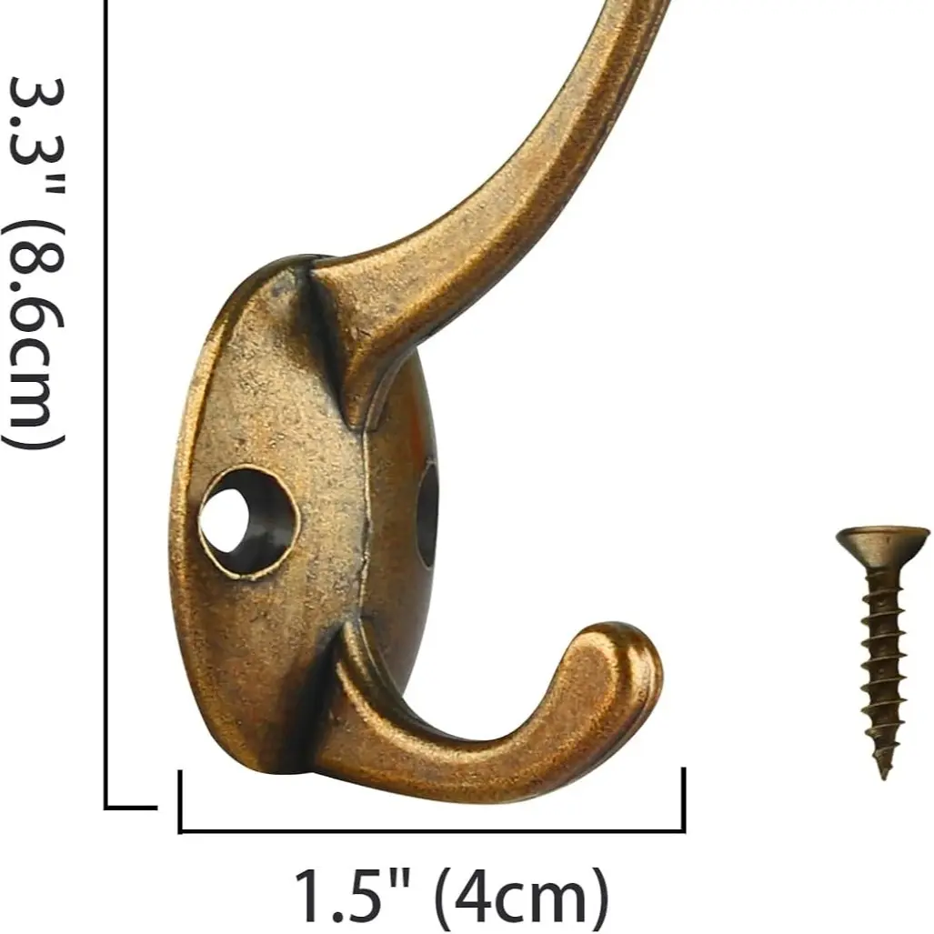 12 Pack Antique Brass Coat Hooks Wall Mounted with 24 Screws Retro Double Hooks Utility Antique Brass Hooks for Coat, Scarf, Bag, Towel, Key, Cap, Cup, Hat