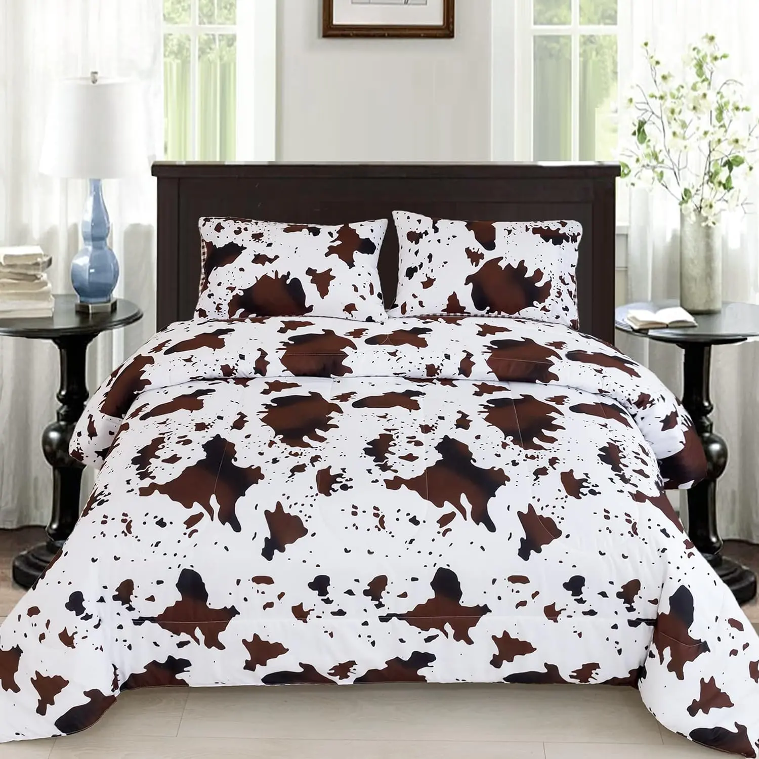 3 count Boys  Comforter Set, Brown White   Bedding Set with Pillowcases, Geometric Reversible Western Style Bed Set for Teen Boy (Brown White, )