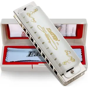 Blues Harmonica Key of C, 10 Holes Diatonic Mouth Organ Harmonica with White Cover, T008L Harmonica for Adults, Professionals and Students