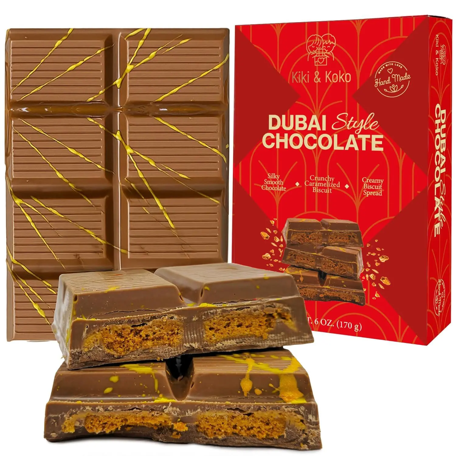 Dubai Style Chocolate – Reinterpreted: Belgian Milk Chocolate 6 oz with Caramelized Biscuit Cream & Crispy Kadayif – Premium Handmade (1 Pack)