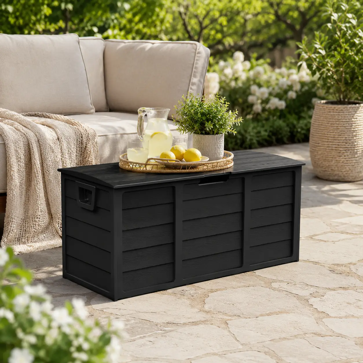 OUTROAD 75 Gallon Outdoor Storage Deck Box, Lockable Resin Patio Box with Handles, Black