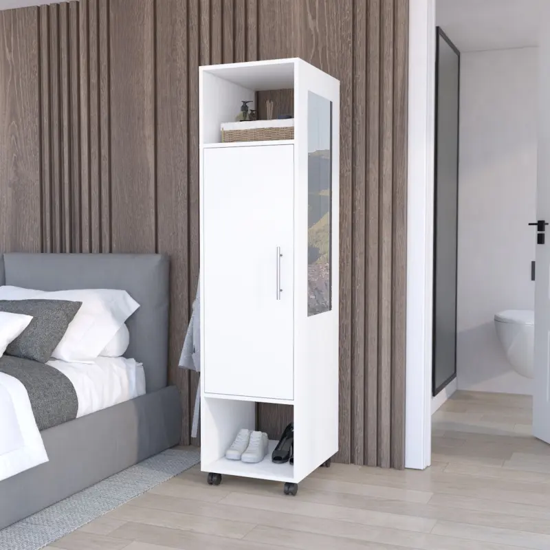 Cluster 63" Tall Wardrove One-Door Cabinet with Mirror Three Shelves Casters and Hanging Rod Armoire Bedroom Clothes Storage Cabinet Organizer White