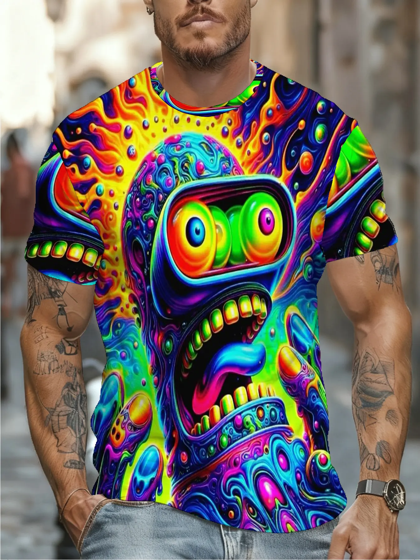 Psychedelic Print Men's T-Shirt - Soft, Breathable, Trendy StreetwearMen's Stylish Casual Round-Neck Patterned T-Shirt with 3D Digital Printing