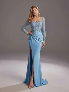 Elegant Chic Sequined Maxi Dress with Long Sleeves, Slim-Fitting Twist Split Slit Design, Formal Wear, Perfect for Evening Parties, Celebrations, High-End Dates