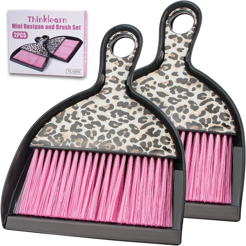 2PCS Mini Dustpan and Brush Set, Small Broom and Dustpan Set with Pink Leopard Print Design, Hand Broom Whisk Broom and Dust Pan For Cleaning Desk,Home,Cars,Pets,Kids