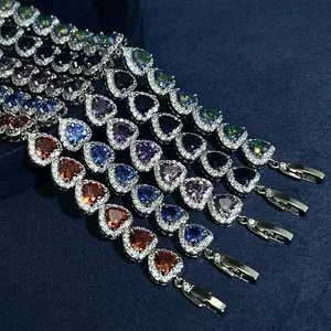 Luxury Silver - Toned Heart - Shaped Tennis Bracelet with Multicolor Cubic Zirconia, Sparkling Statement Jewelry for Women, Perfect for Party, Wedding, Evening Event & Gift