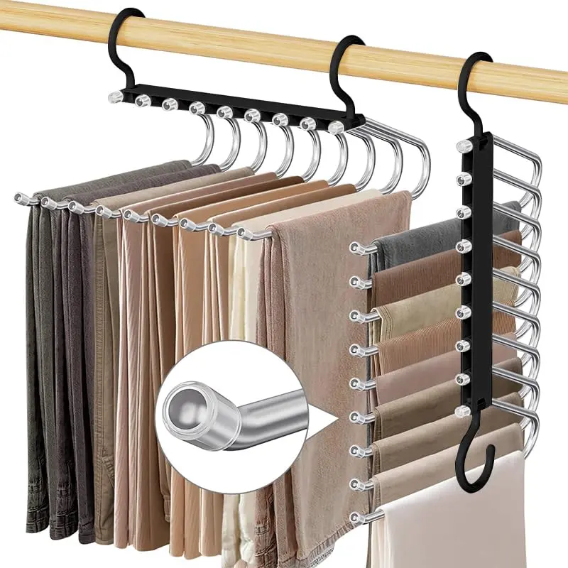 9-Layer Pants Hanger, Space-Saving Closet Organizer Rack for Pants, Jeans, Leggings & Trousers, Multifunctional Clothes Storage Hanger, Metal Pants Hanger