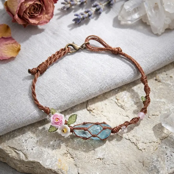 Cottagecore Floral Woven Bracelet, Nature-Inspired Boho Bracelet with , Leaf and Blue Stone-Look Accent