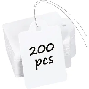 200 count Price Tags with 200 count Wires 1 Inch Writable Price Labels White Price Display Tags for Pricing Clothing Luggage Tools Blank Hang Tag Merchandise Marking Label, 1.38" x 0.87"