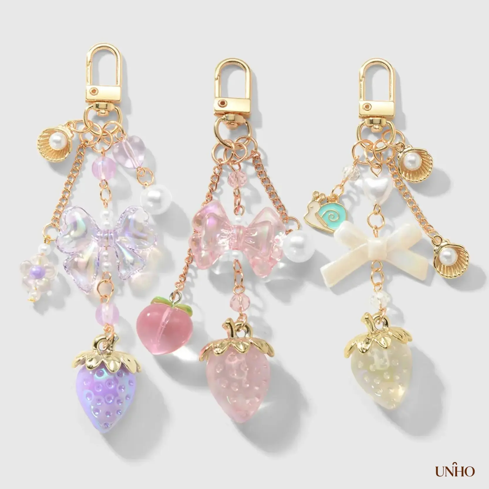 1Pc Cute Sweet Versatile Gold Chain Key Ring Bag Charm In Multi Colors, DIY Pendant With Resin Strawberry Bow Peach Snail & Faux Pearls, Daily Fashion Accessory For Girls & Lovely Holiday Small Gift
