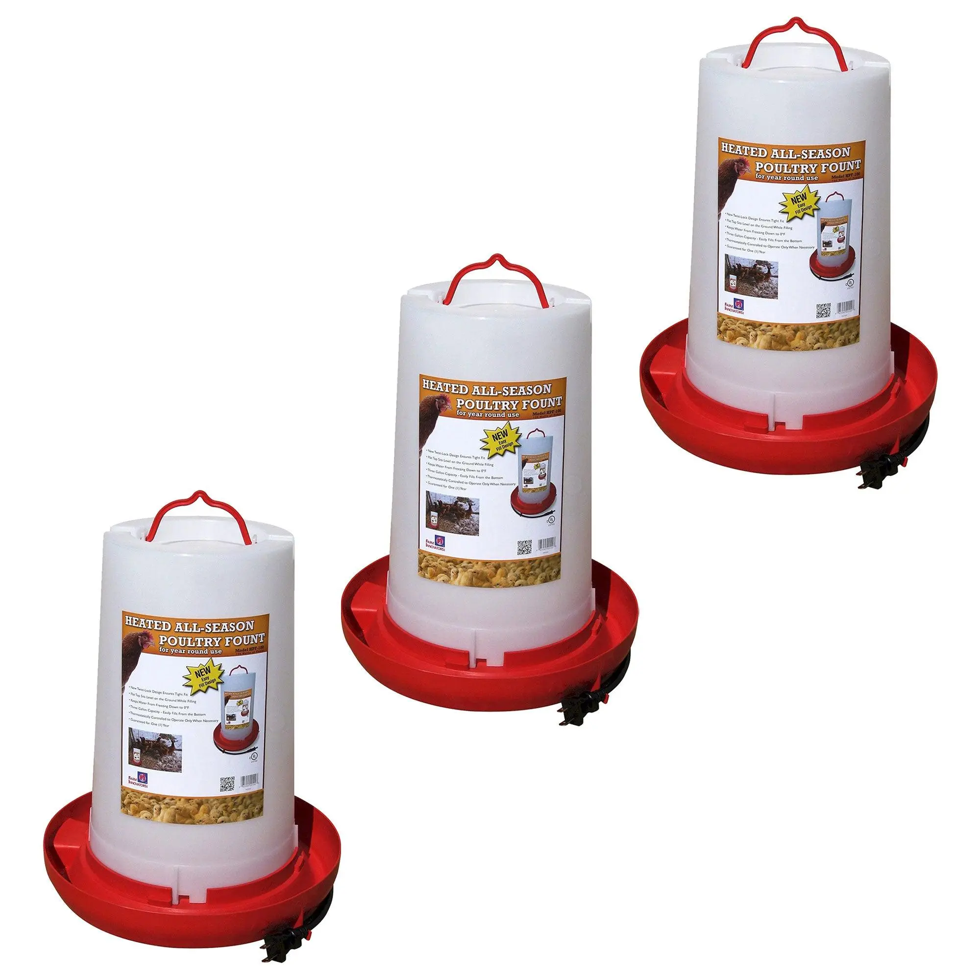 Farm Innovators Heated Plastic Hanging Poultry Water Fountain, Red (3 Pack) Farm Innovators Heated Plastic Hanging Poultry Water Fountain, Red (3 Pack)