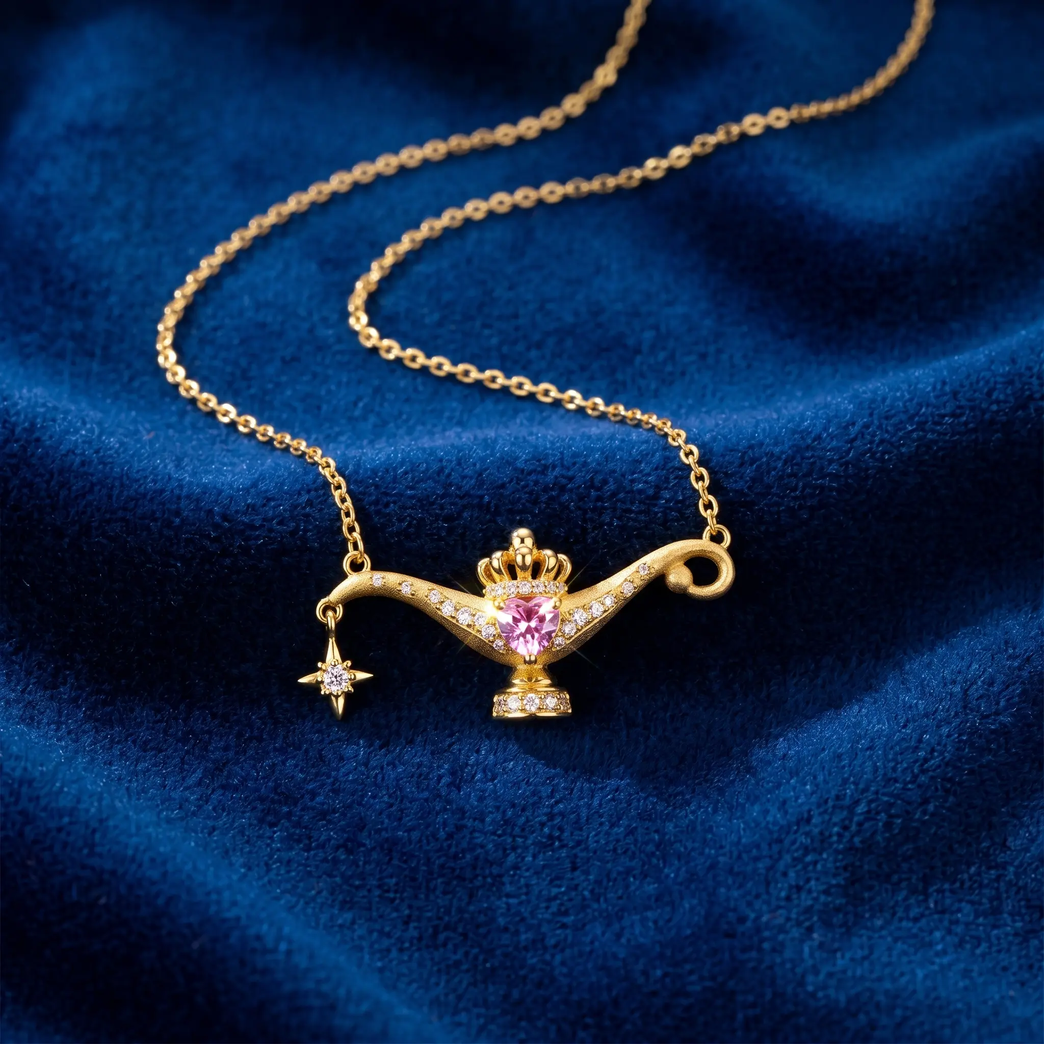 Women's Vintage Oil Lamp Pendant Necklace - Dainty Gold Collarbone Chain, Pink Heart Crystal Crown Detail, Fairycore Palace Style Aesthetic Jewelry, Make-a-Wish Statement Gift for Girlfriend