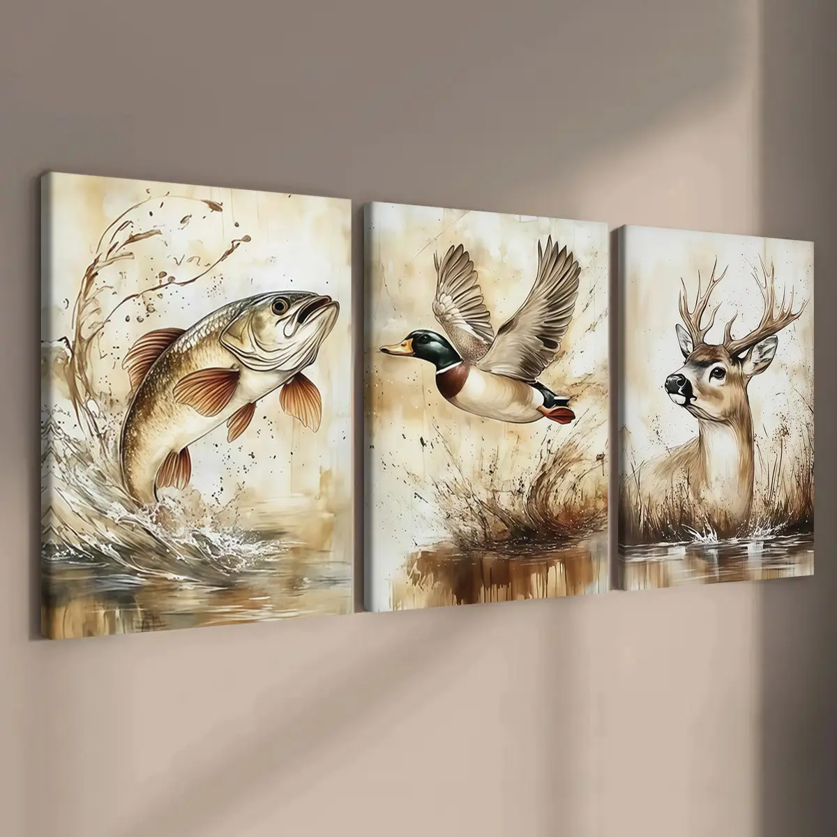 3-count wooden frame canvas, retro-style animal triad poster, natural and wild fish, deer and bird art poster, fashionable poster, modern home decoration, suitable for bedroom, living room and entrance hall decoration, waterproof art, Wood Wall Art