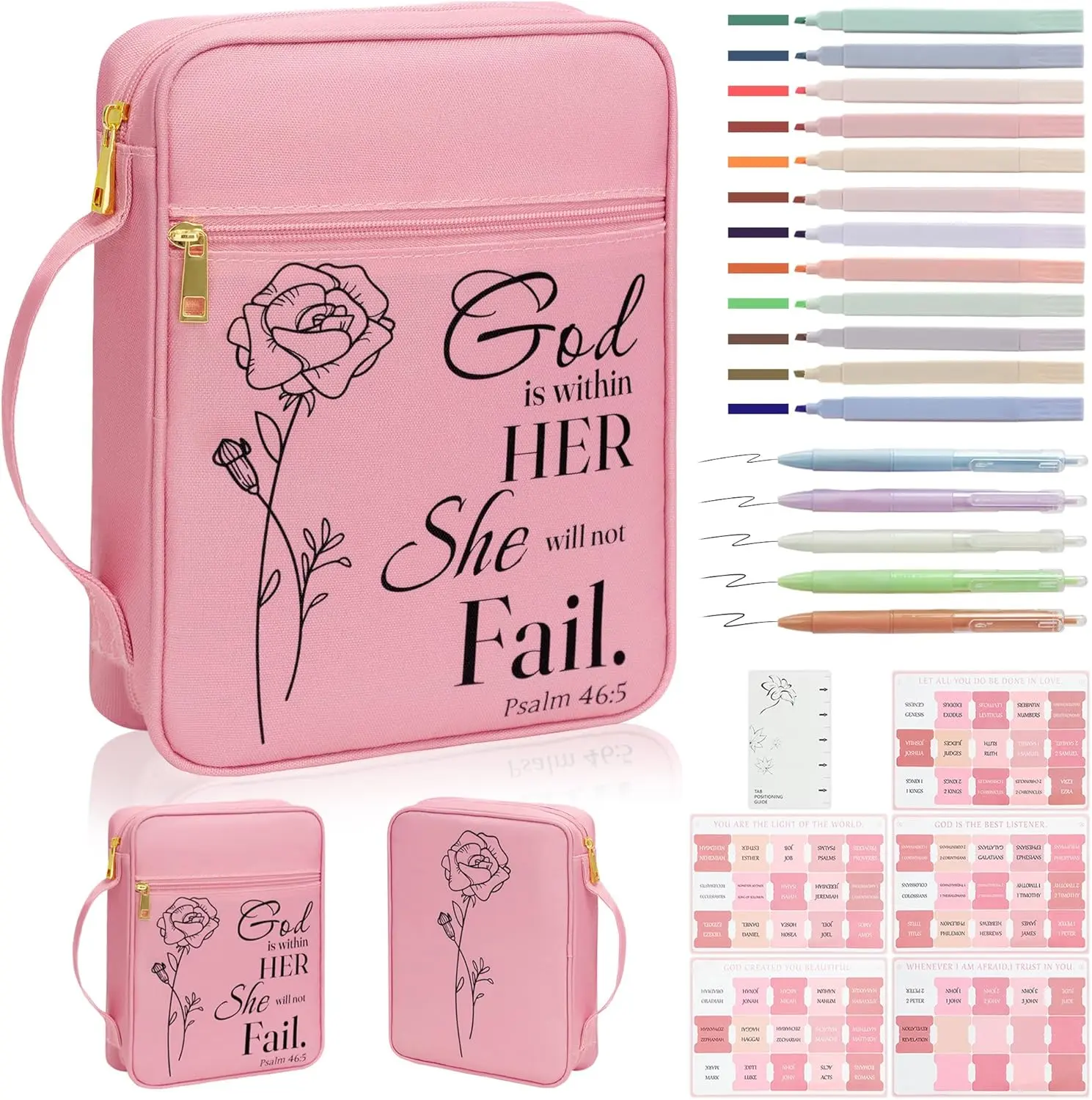 Women's Zippered Bible Cover Organizer Bag with Pockets for Standard Bibles, Office Desk Organizer Accessory, Gift for Women (Pink Suit), Zippered Pockets