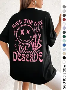 Women's Cartoon & Letter Print Drop Shoulder Tee, Fashion Casual Crew Neck T-Shirt for Daily Holiday Vacation Outdoor Wear, Ladies Teen Girls Clothes Tops, Casual Fashionable Top