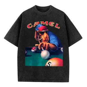 Vintage Billiards Camel Game Printed T-Shirt - Trendy billiards character pattern, vintage washed black loose crew neck design, unisex casual top, suitable for daily wear and outdoor activities, available in multiple washed color options