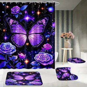 Floral Background Shower Curtain Set with Butterfly Design, Non-Slip Mat, U-Shaped Rug, Toilet Lid Cover, Perfect for Bathroom Decor, Bathroom Decoration Accessories