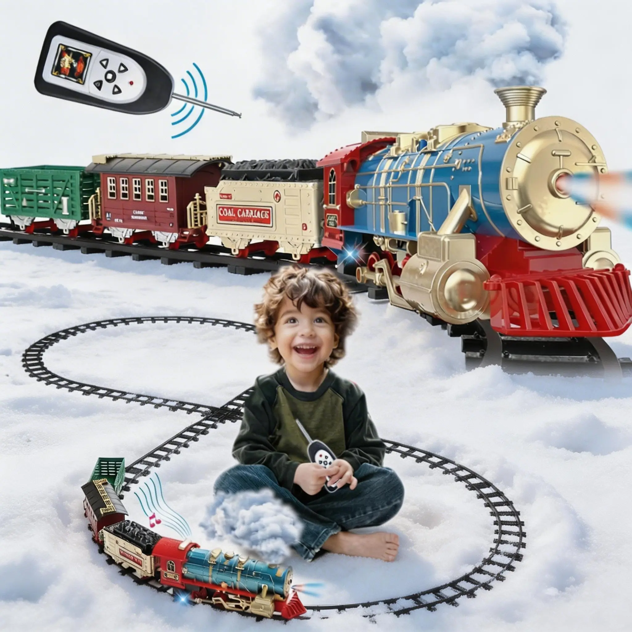 Kids' Electric RC Model Train Set - Rechargeable, LED Headlight, Lights & Sound, 17 Flexible Indoor Tracks, 2 Trees, Kettle, Decor, 8 Traffic Signs, 3 Cargo Cars, Safe Construction for Young Kids, Toddler Train Set for 3+ Yrs Indoor Play