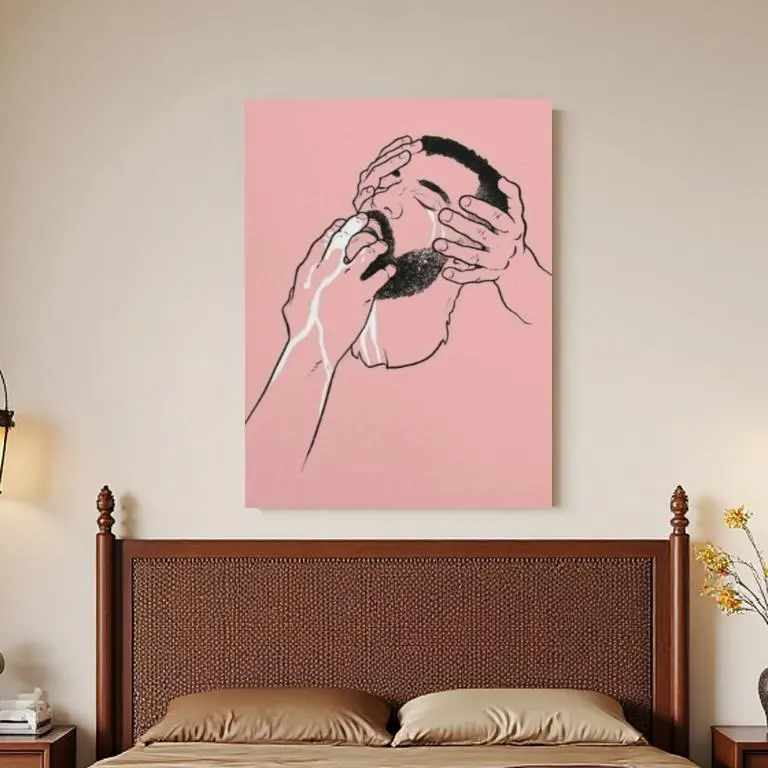 1pc Framed 2D Flat Gay Art Print - Thick Single-Side Matte Paper Homoerotic Nude Line Drawing Wall Decor, Multi-Size (16x24in/40x60cm, 20x30in/50x75cm) Pink Background Black Ink Canvas Poster with Wrap-Around Frame, for Bedroom, LGBTQ+ Gifts, Glossy, Pain
