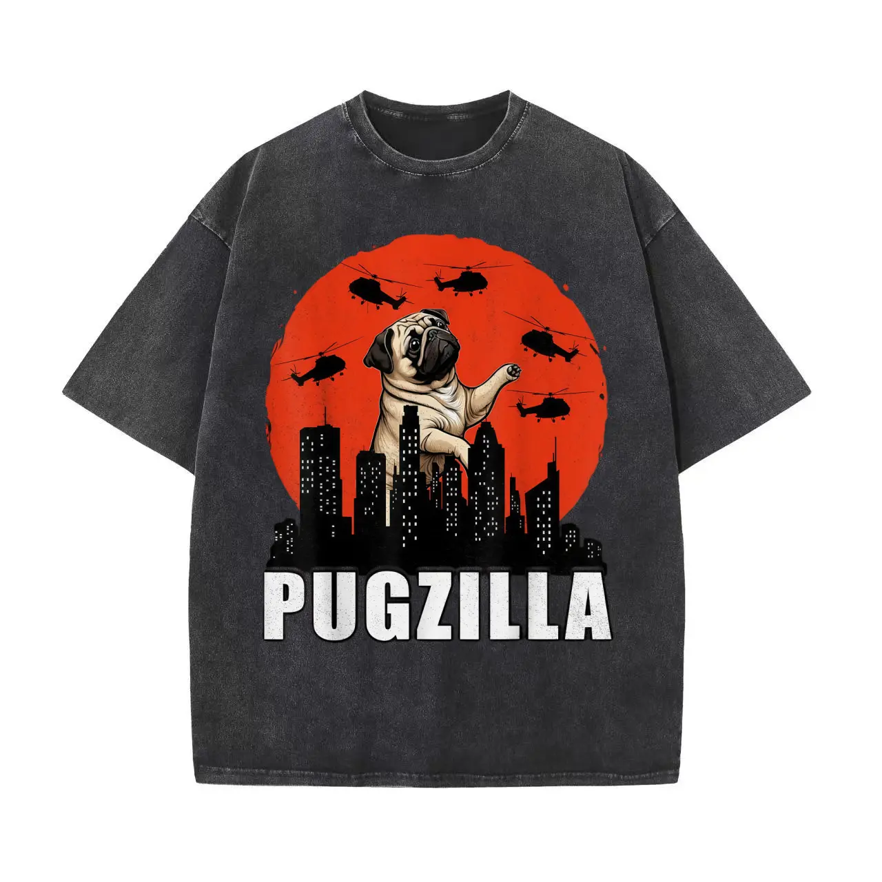 Pug Dog City Skyline & Red Sun Graphic Washed Black Shirt | Urban Style Unisex Streetwear Top
