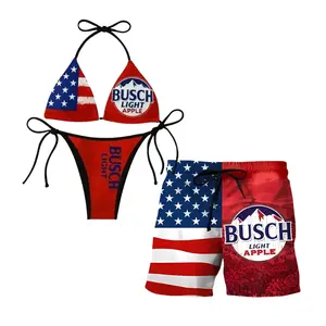 American Flag & Busch Light Apple Bikini & Shorts, Matching Couple Swimwear Set, Patriotic 4th of July Couple Outfits, Summer Boat Days & Patriotic Beach Parties