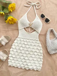 Y2K New Women's Fashion Sweater Dress, Spring Summer Knitwear, Solid Hollow Out Design, Metal Star Pendant, Beach Vacation Style, Casual, Aesthetic
