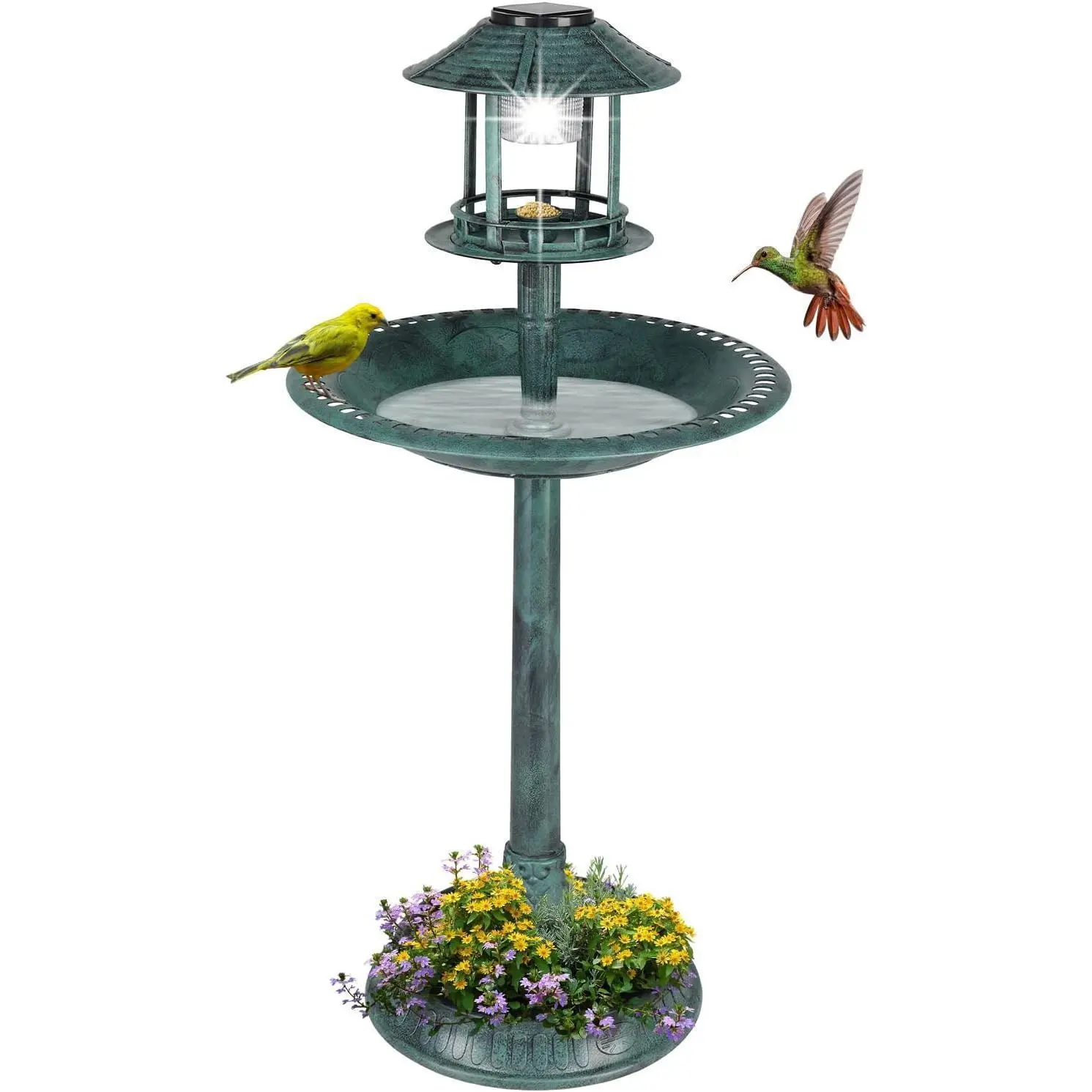 【Summervibes】Ubesgoo Outdoor Bird Bath, Garden Bird Baths Decorations with Solar-Powered Lamp and Resin Pedestal Flower Planter Base Bird Feeder for Yard Patio