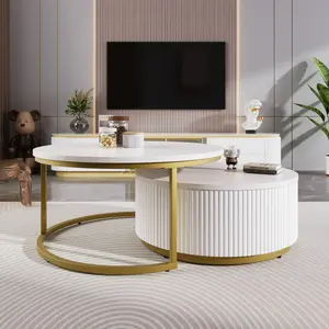 2-Piece Modern Fluted Design Lift-Top Round Coffee Table Set with Storage Drawer, 27.6" White & Gold Circular Wood Center Table for Living Room Use, Apartment
