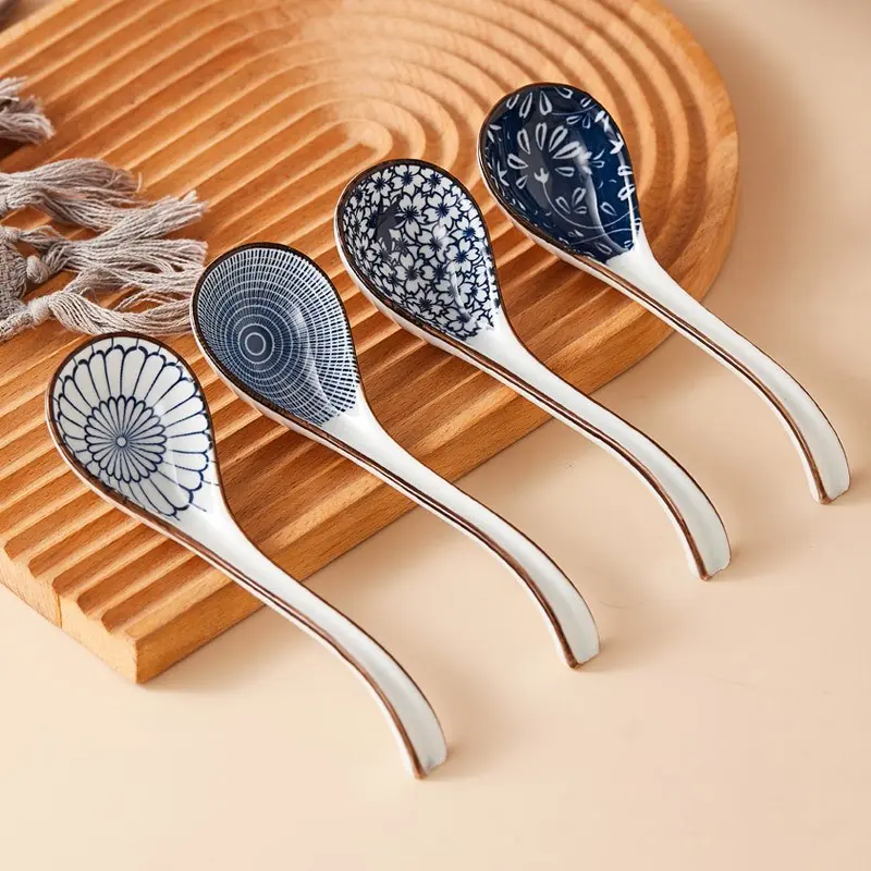 Asian Ceramic Elegant Soup Spoon with Long Handle, Non-Slip Base, Cutlery Tableware Utensils Ideal for Japanese Ramen, Chinese Dumplings, Vietnamese Noodles, Soup Spoon Set