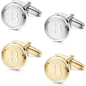 FINREZIO 2 Pairs Stainless Steel Cufflinks for Men Personalized Initial Cufflink Silver Gold Engraved Cuff Links Alphabet Letter A-Z for Father Husband Modern pins non tarnish jewelry goth accessories funky jewelry