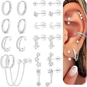 2D Flat, 10 Pairs Small Earrings for Women 20G Stainless Steel Flat Back Stud Earrings Dainty Stackable Earring Stacks Hoop Cartilage Earring Sets for Multiple Piercing, Stackable Hoops, Bohemian Style, Vintage Earrings, Highquality Metal, Durable