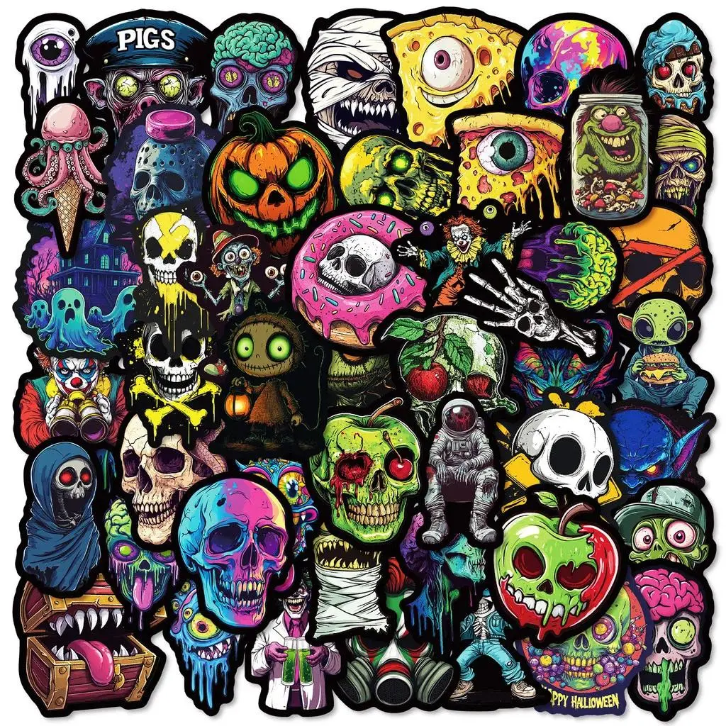 50PCS Colorful Skull & Ghost Face Graffiti Stickers Sticker Set - Funny Stickers Unique Creative Decor for Halloween Festivals AnimeWorlds Store Premium Skull Stickers Sticker Packs
