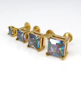 Rainbow Gold PVD Stud Earring: Threadless Princess Cut Prong Set Labret Nose Ring