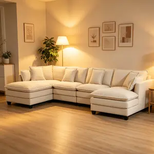 Aobtkel®Modern 4seats with 2ottoman 149.61"Sectional Sofa with Waist Pillows,4-seat Upholstered Symmetrical Sofa Furniture,Sleeper Sofa Couch with Chaise Lounge for Living Room,Apartment,3Color#Summervibes