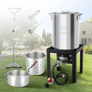 ROVSUN 30QT Turkey Fryer & 10QT Fish Fryer Kit w/ 55,000BTU Propane Stove, Aluminum Outdoor Deep Fryer & Seafood Boiler Steamer w/Baskets, Thermometer, Marinade Injector, Turkey Rack & Rack Lifter