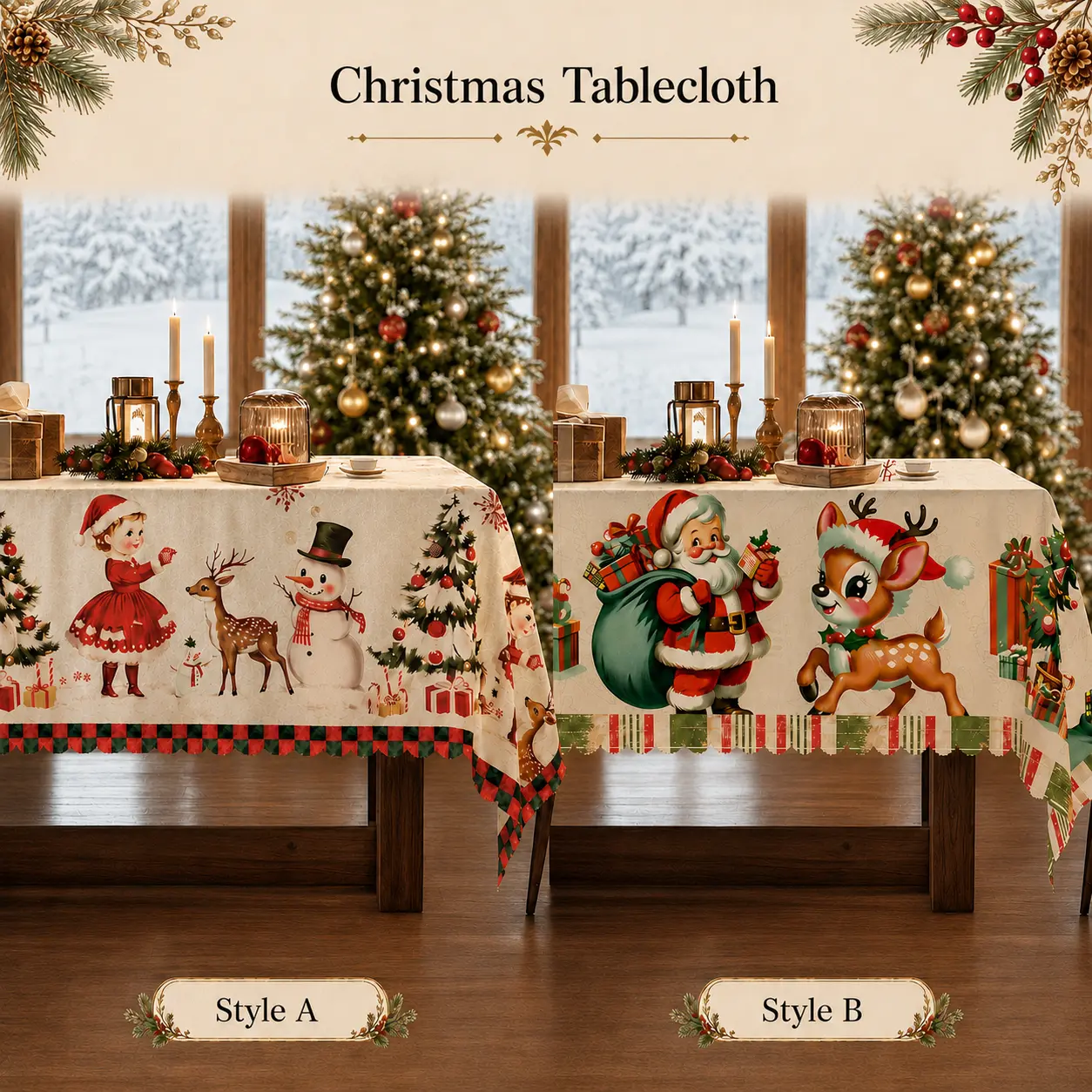 Festive Style Christmas Tablecloth - Cream, Red & Green Polyester Decor with Santa Claus, Reindeer, Christmas Trees, Holly & Gifts - Round, Rectangular, Oval Holiday Home Decor - Washable, Clearance Sale (Suitable for Banquets, Parties), Festive Style Tab