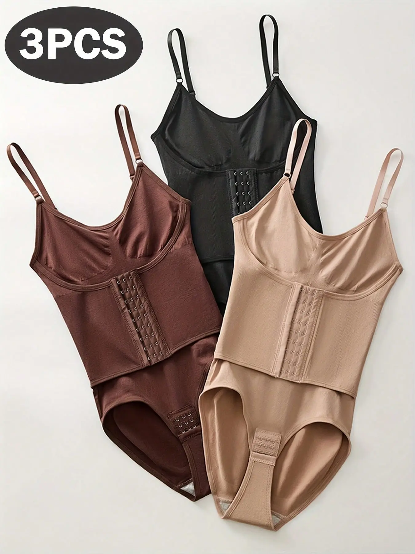 3 Pack Seamless Shapewear Bodysuits Tummy Control Butt Lifting Breathable Fabric Solid Color Daily Wear