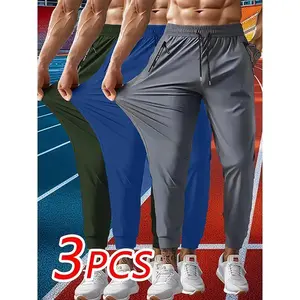 3PCS Men’s Athletic Joggers — elastic waistband with drawstring, zippered pockets, comfortable and breathable fabric, high elasticity, suitable for outdoor running, gym, casual wear; nine-inch inseam athleisure joggers