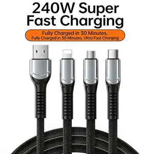 240W 3-in-1 fast charging cable can simultaneously fast charge three devices. Made of durable nylon braided zinc alloy, it features a universal charging connection suitable for iPhones, Android devices, and Type-C.