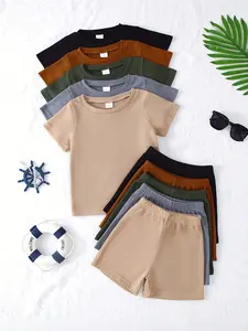 Boys' Casual Summer Waffle Knit Short Sleeve Shorts Set, Soft Comfortable Plain Color, 10 Piece Set, Perfect for Daily Wear, Clothes Sets