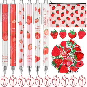 67pcs Strawberry Gift Cute Storage Set Fruit Ink Pen Pencil Box Paper Clip and Stickers Strawberry Christmas Office Home Furnishings
