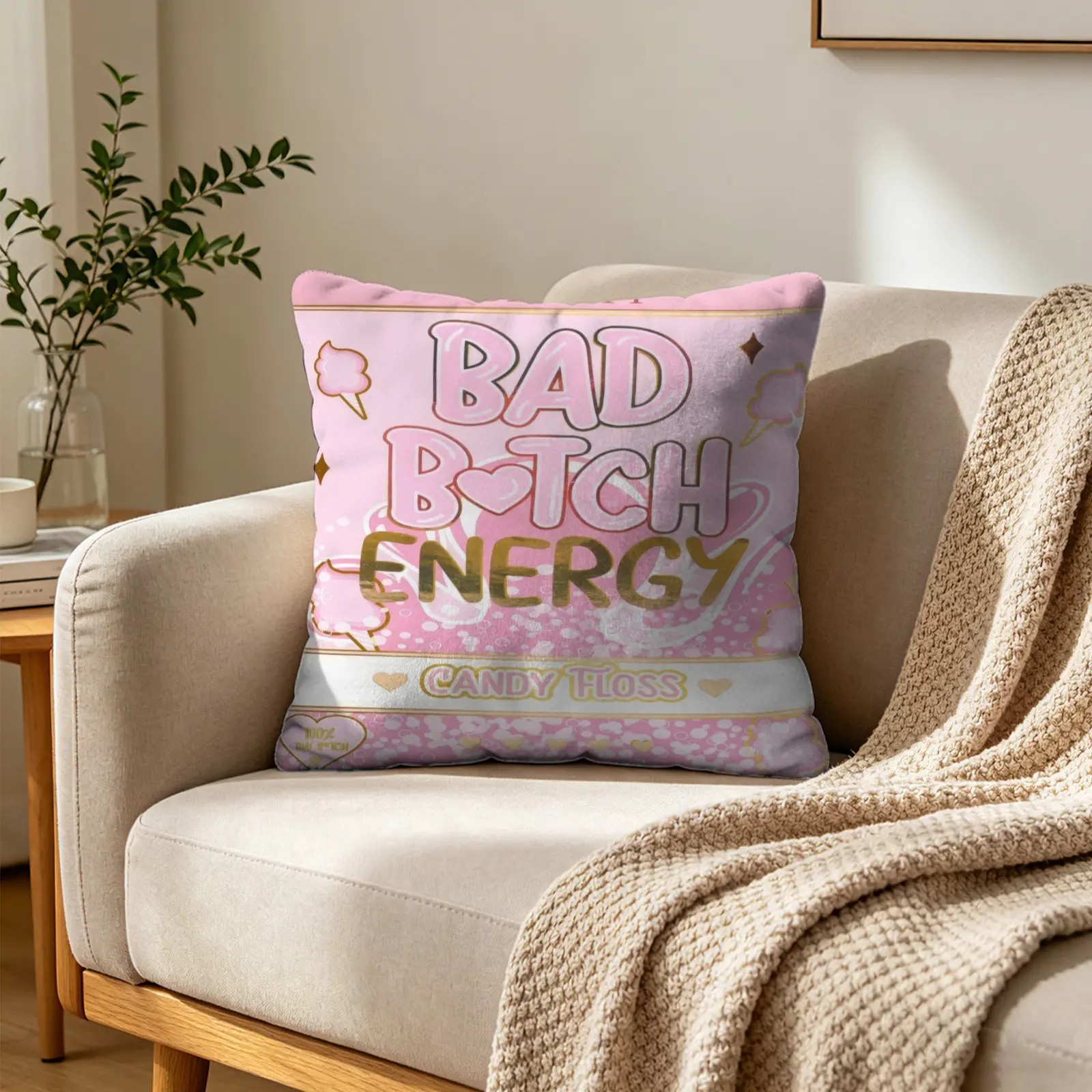 "Bad Bitch Energy" Pink Marshmallow Print Pillow—a soft, plush Multipurpose Cushion perfect for decorating your sofa, bed, bedroom, or dorm room. The ideal gift for your cool and confident best friend.