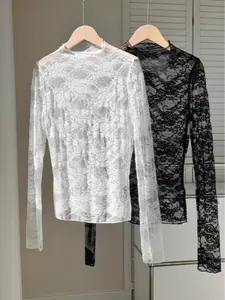 Women's Lace & Mesh Long Sleeve Fitted Sexy Tops, 2-Pack, Elegant, Chic & Stylish Design, Perfect for Casual Wear, Comfortable Fit, Womenswear