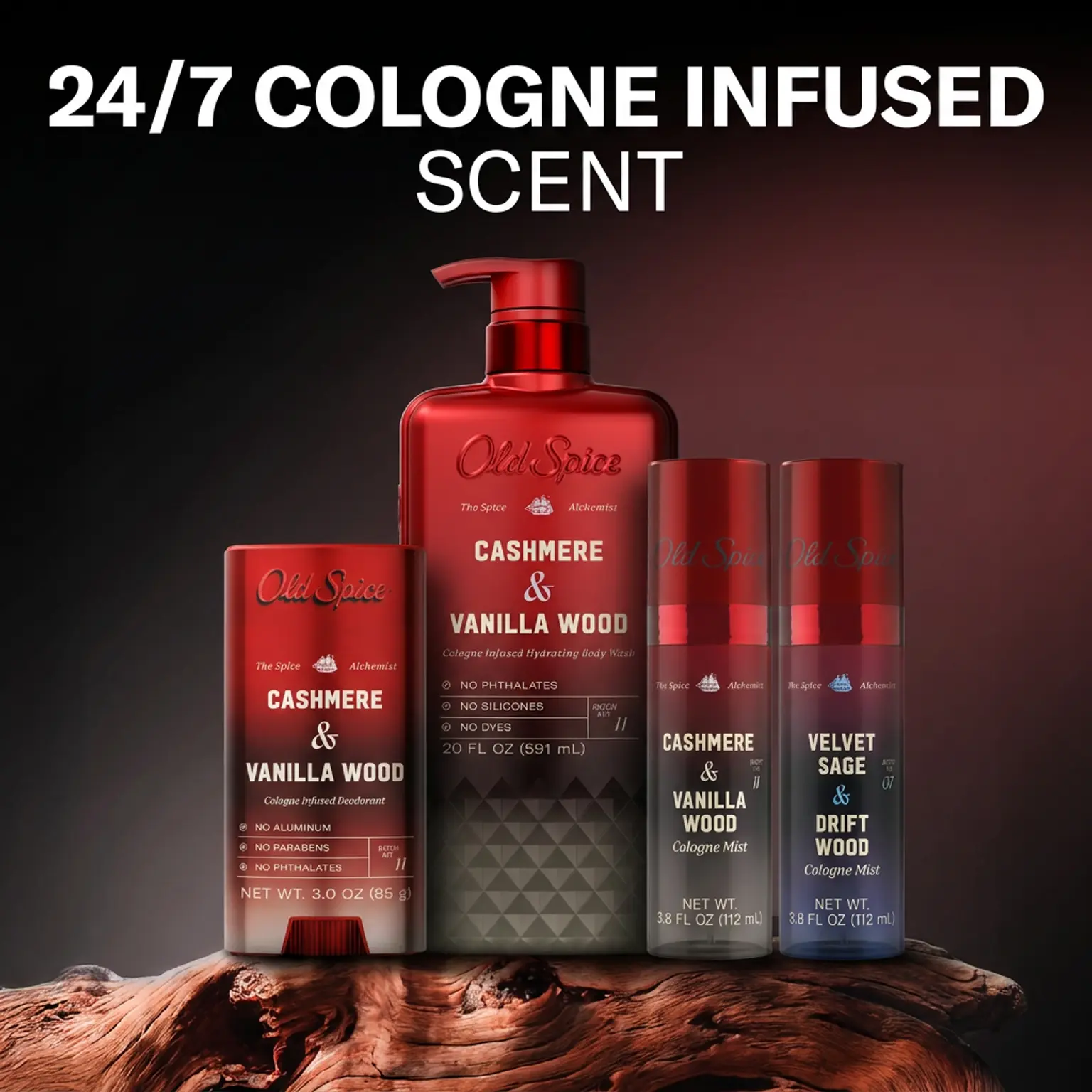 Old Spice The Spice Alchemist Collection 4-Piece Bundle for Men: Cashmere & Vanilla Wood Cologne Mist 3.8oz, Deodorant 3oz & Body Wash 20oz, Plus Velvet Sage & Driftwood Cologne Mist 3.8oz