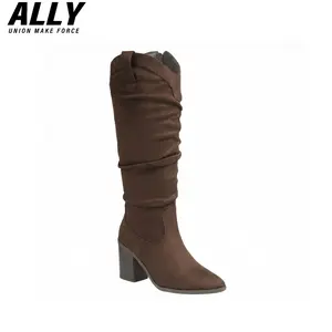 ALLY Western Boots for Women-Slouchy Knee-High Chunky 3-Inch Block Heel Faux Suede Cowgirl Boots with Side Zipper - Fall Winter Fashion for Jeans, Dresses & Country Outfits