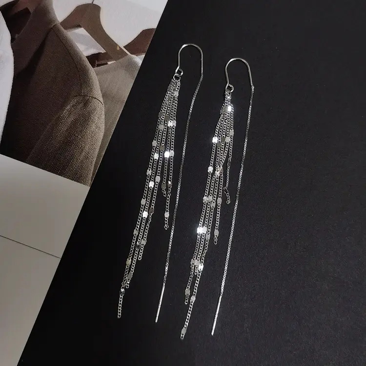 Women's 925 Silver Long Drop Earrings with Anti-Loss U-Shaped Hooks, Sparkling Sequins and Tassels, Elegant Costume Jewelry for Costume Wear party gift everyday