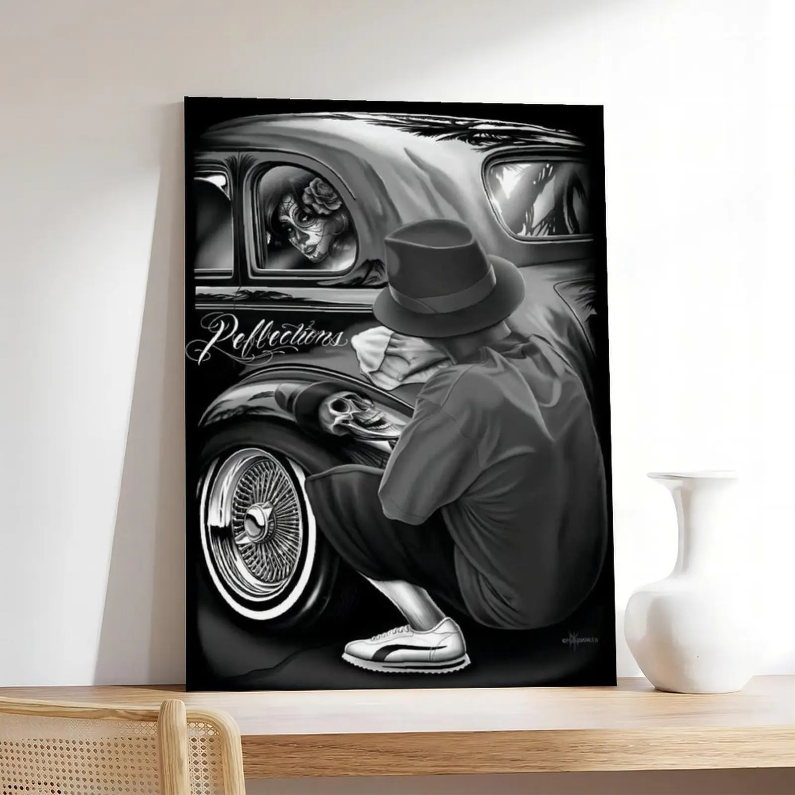 DGA Day of The Dead Lowrider Classic Skull Reflections Waterproof Artistic Print - Home Decor Products, Limited Frames Remaining, Plaid-Polka Dot Accent, Kid Room & Living Room Wall Art, Wardrobe Box Decoration