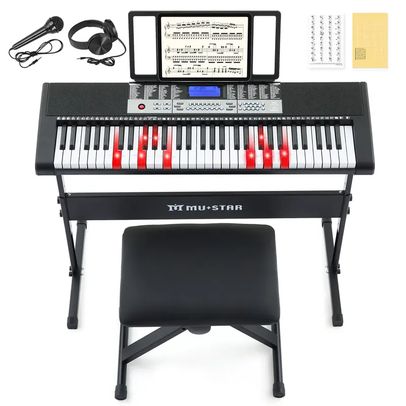 61 Key Piano Keyboard Electric Piano with Light-Up Keys 255 Tones Rhythms Smart Learning System Headphone Microphone Keyboard Stand Stool Stickers Complete Set for Beginners